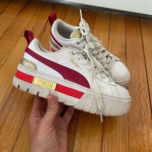 Puma Big Kids Size 4 Mayze Glitz Platform Sneakers White Gold Red